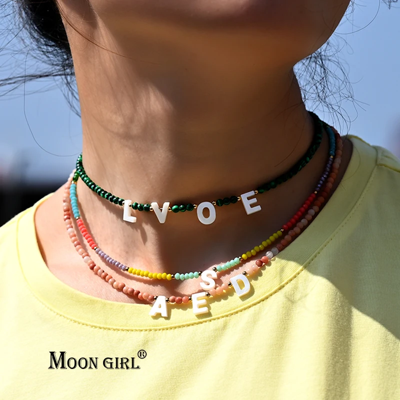 Personalize Shell Initial Letter Pendant Necklace for Women Jewelry Fashion Natural Stone Chain Customized Beaded Name Choker