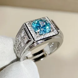 Men Ring Silver 925 Finger Accessories For Wedding Charming Bright Crystal Blue Square Ring Male Jewelry Adjustable