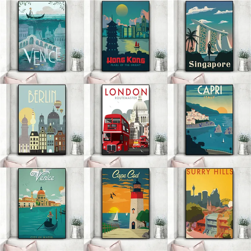 

Nordic Vintage Travel Cities Canvas Painting New York Netherlands London Landscape Posters Prints Art Wall Pictures Home Decor