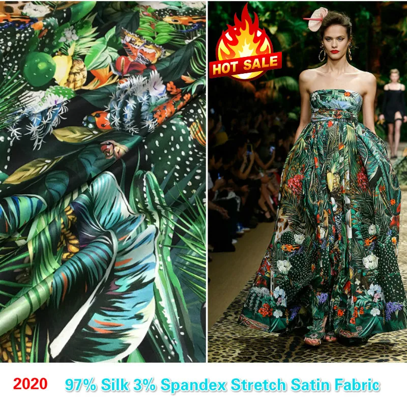 Customized 19mm Tropical Forest Animal and Plant Printing Real Silk Spandex Satin Fabric for Dress DIY