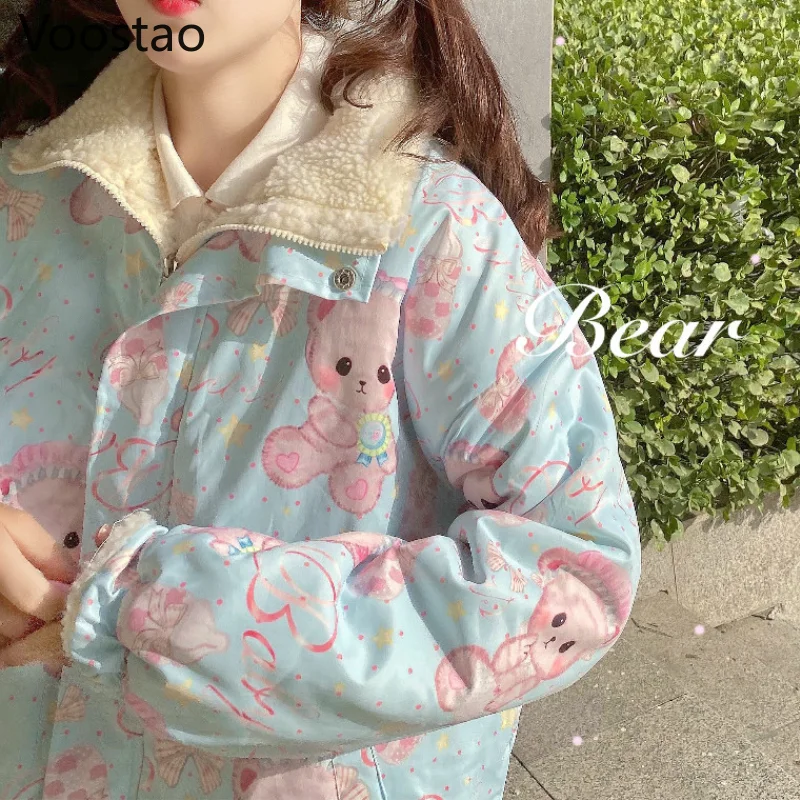 Herfst Winter Zoete Lolita Stijl Pluche Jassen Vrouwen Cute Bear Print Losse Lamswol Beide Zijde Dragen Parka Meisjes Kawaii Jk uitloper