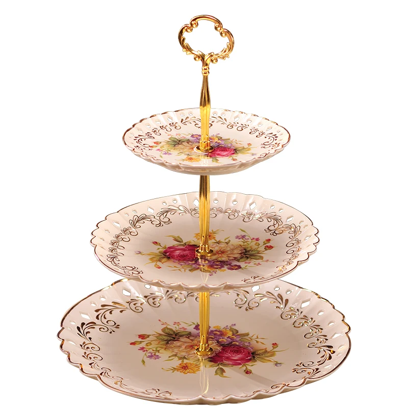 Luxury Ceramic Three-tier Dim Sum Shelf Flower English Tray Multi-layer Cake Plate Fruits Plates Afternoon Tea Dessert Dishes