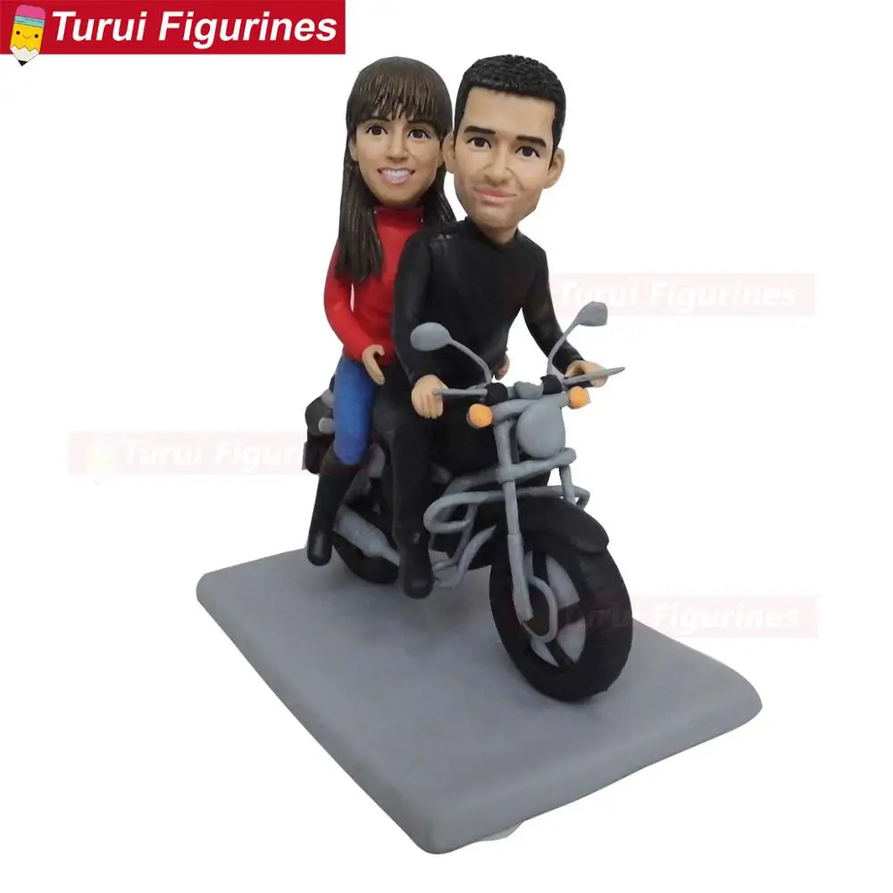 ooak polymer clay doll baby Motorbike Bride & Groom for Biker Couple or Motorcycle lovers Wedding Cake Toper decoration statue