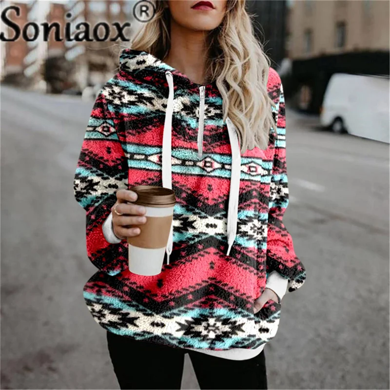 Women Ethnic Print Hooded Sweatshirt 2021 Autumn Winter Warm Long Sleeve Casual Hoodies Collar Female Drawstring Pullovers Tops