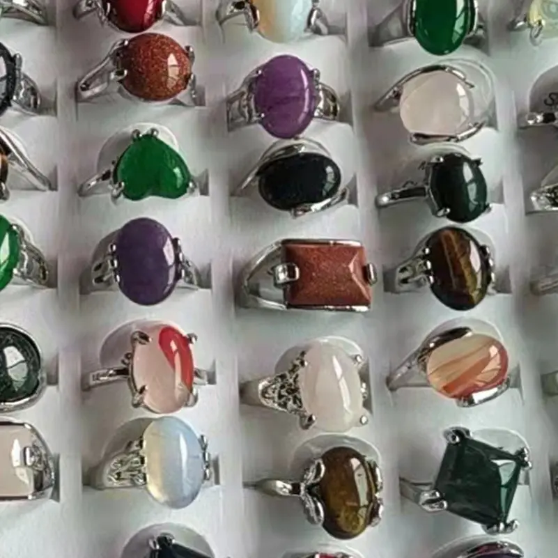 Fashion 10Pcs/Lot Vintage Colorful Stone Rings Mix Style Crystal Quartz Geometric Finger Rings for Women Girls Jewelry Wholesale