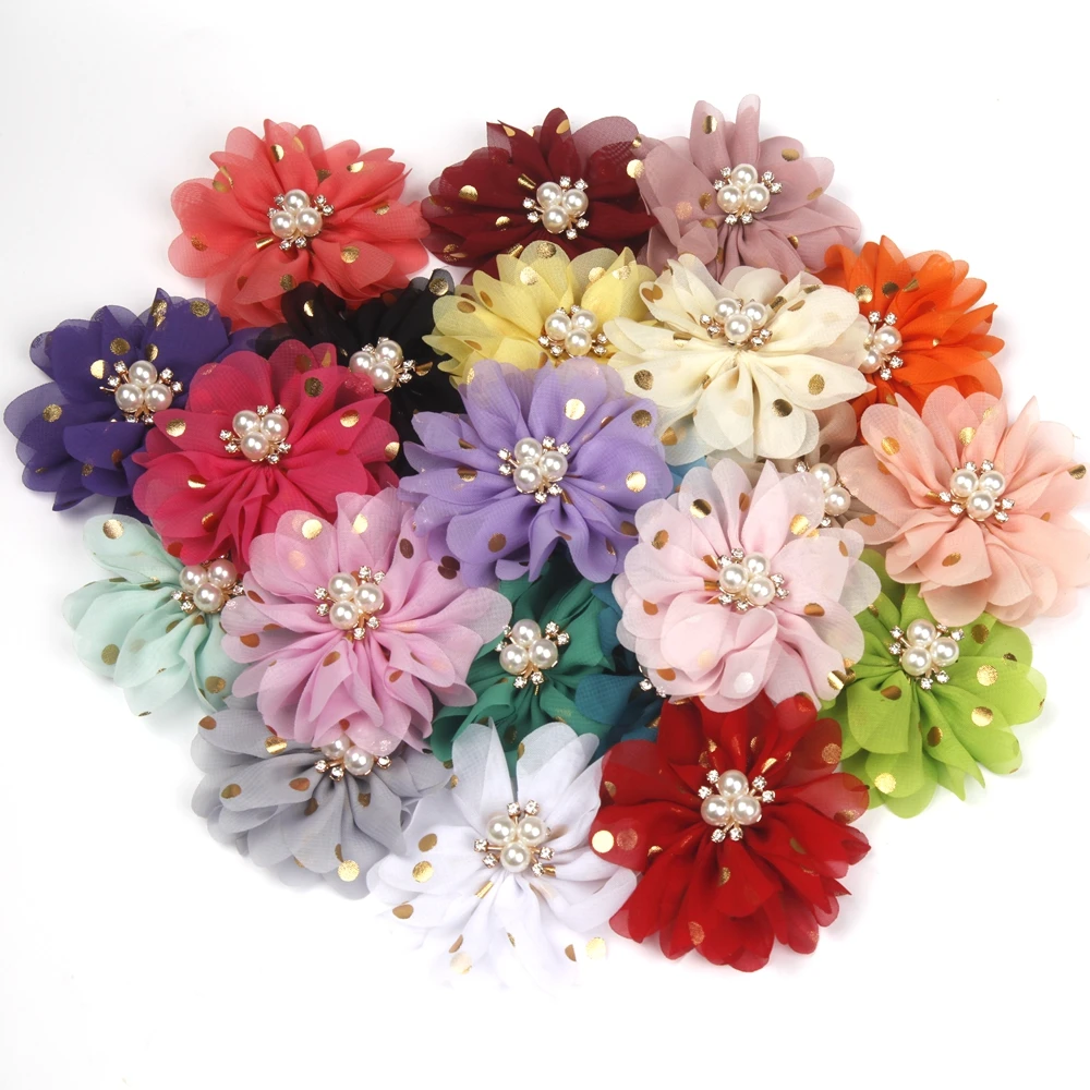 12PCS 2.8inch Smoot Chiffon Flower Rhinestone Cluster No Hair clips  Hair Accessories for Girls Hair Bows Baby Kids Accessories