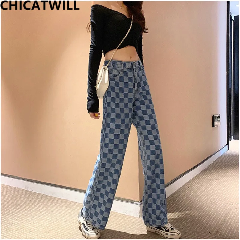 Chic Harajuku BF High Waist Pocket Wide Leg Plaid Denim Jeans Women England Checker Jeans Casual Europe Boyfriend Loose Trousers