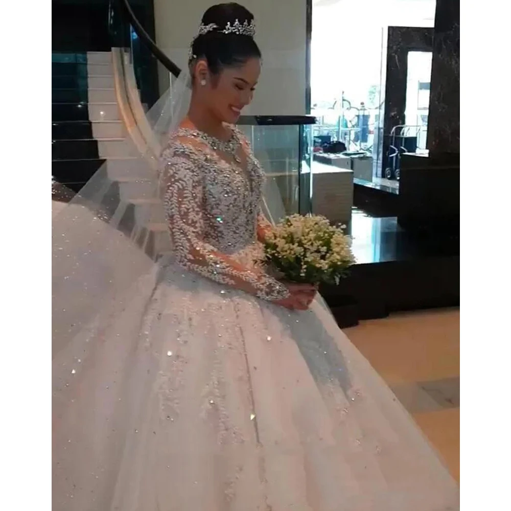 ราคาถูก Vestidos Novia ลูกไม้ชุดแต่งงานที่กําหนดเองแขนยาวภาพลวงตาสีขาวงาช้างชุดเจ้าสาวเจ้าสาว Robe แต่งงาน