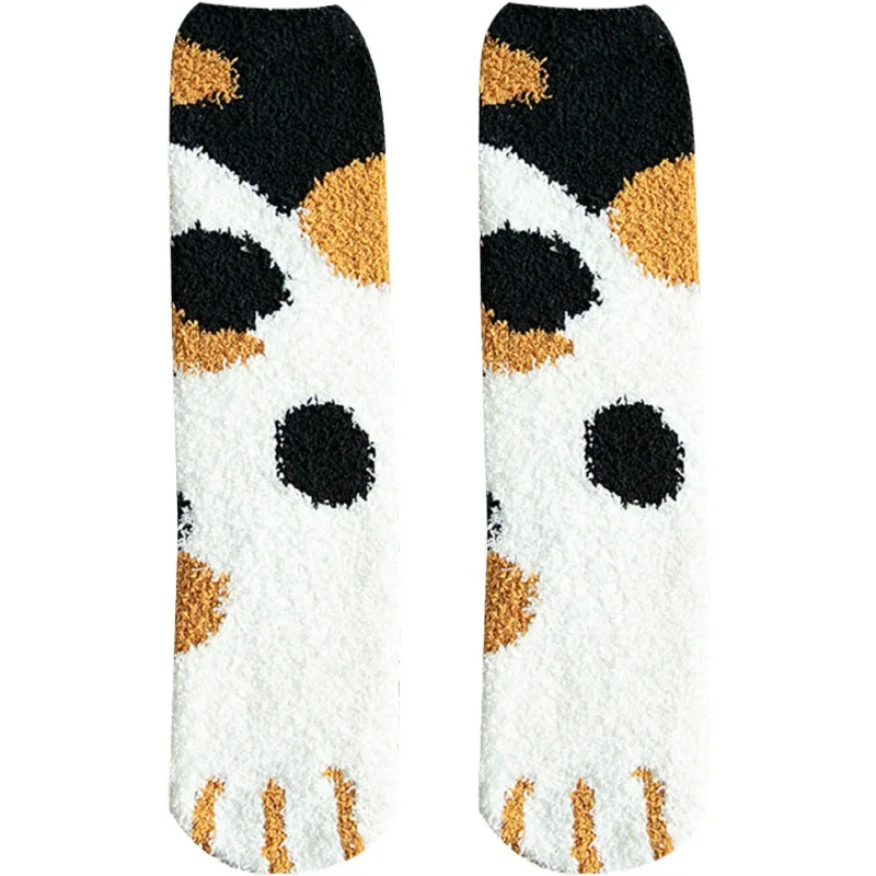 New Winter Thicken Warm Women Socks Cat Paw Cartoon Striped Lovely Sleeping Home Floor Bedroom Socks Harajuku Kawaii Girl Sox