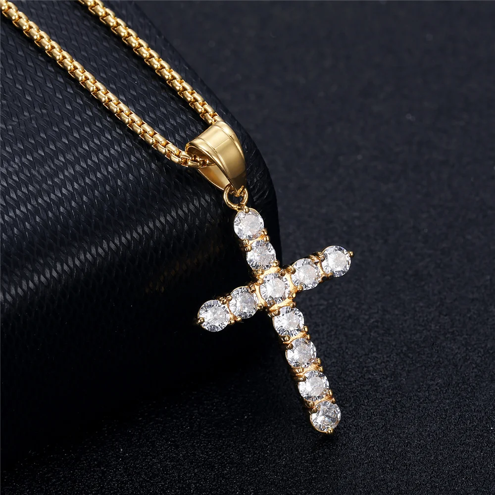 Religiöse Iced Out Bling Kleine Jesus Kreuz Anhänger Gold Farbe Edelstahl Zirkon Christian Halskette Für Frauen Schmuck Geschenk
