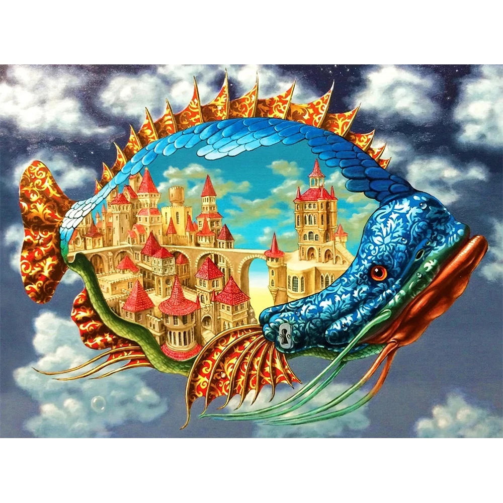 5D DIY Diamond Painting Cartoon Fish Castle Diamond Embroidery Scenery Full Square Mosaic Rhinestones Pictures Home Decor Gift