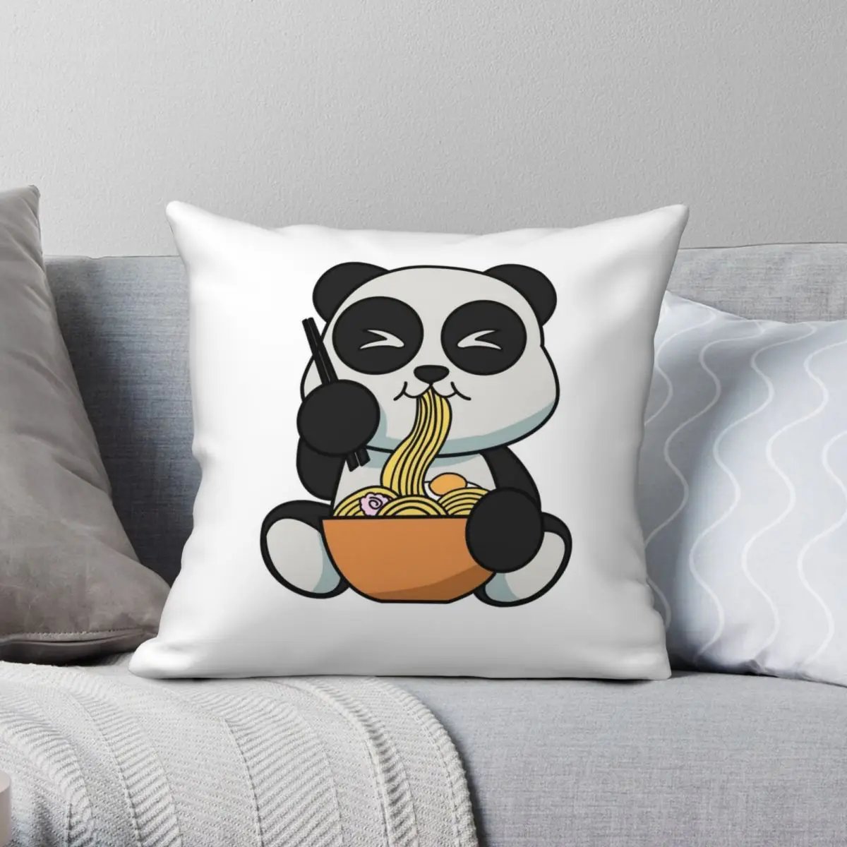 Anime Kawaii Ramen Eating Panda Noodles Square Pillowcase Polyester Linen Velvet Pattern Zip Decorative Home Cushion Cover