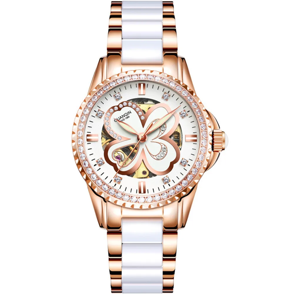 Guanqin 2020 Horloge Vrouwen Automatische Rhinestone Dress Top Brand Luxe Keramiek Rose Mechanisch Horloge Waterdicht Bayan Kol Saati