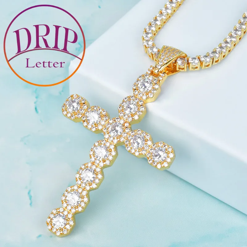 Miami Cross Big Zircon Pendant Gold Color AAA Cubic Zircona Men's Hip Hop Rock Necklace Jewelry