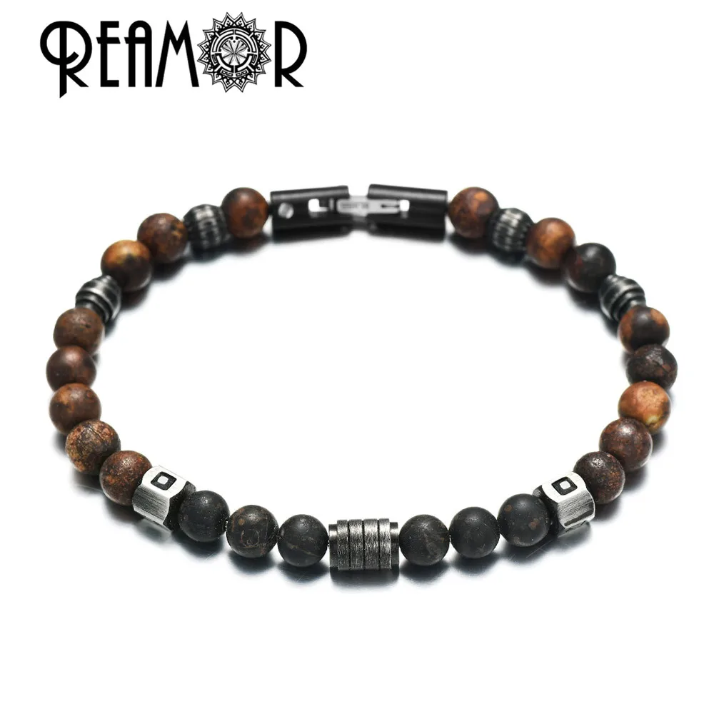REAMOR Retro Men Bracelets Bangle Weathered Onyx Natural Stone Bracelets For Women DIY Detachable Stainless Steel Chain Bracelet