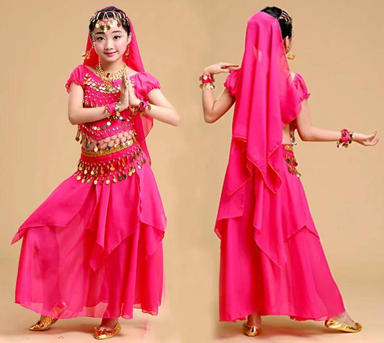 Conjunto de 4 unids/set para niña, trajes de danza del vientre para niña, espectáculo egipcio, fiesta de baile de bollwood, ropa india, disfraz Oriental