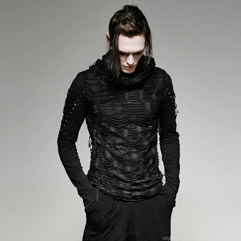PUNK RAVE Men\'s T-shirt Punk Rock Cool Casual Gothic Novelty Long Sleeve Hooded Sweatshirt Streetwear Personality Tops
