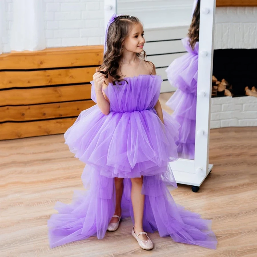 Yipeisha gioiello lavanda a strati abiti da ragazza di fiori Puffy Tulle abito da spettacolo per bambini alto basso compleanno abbigliamento da comunione