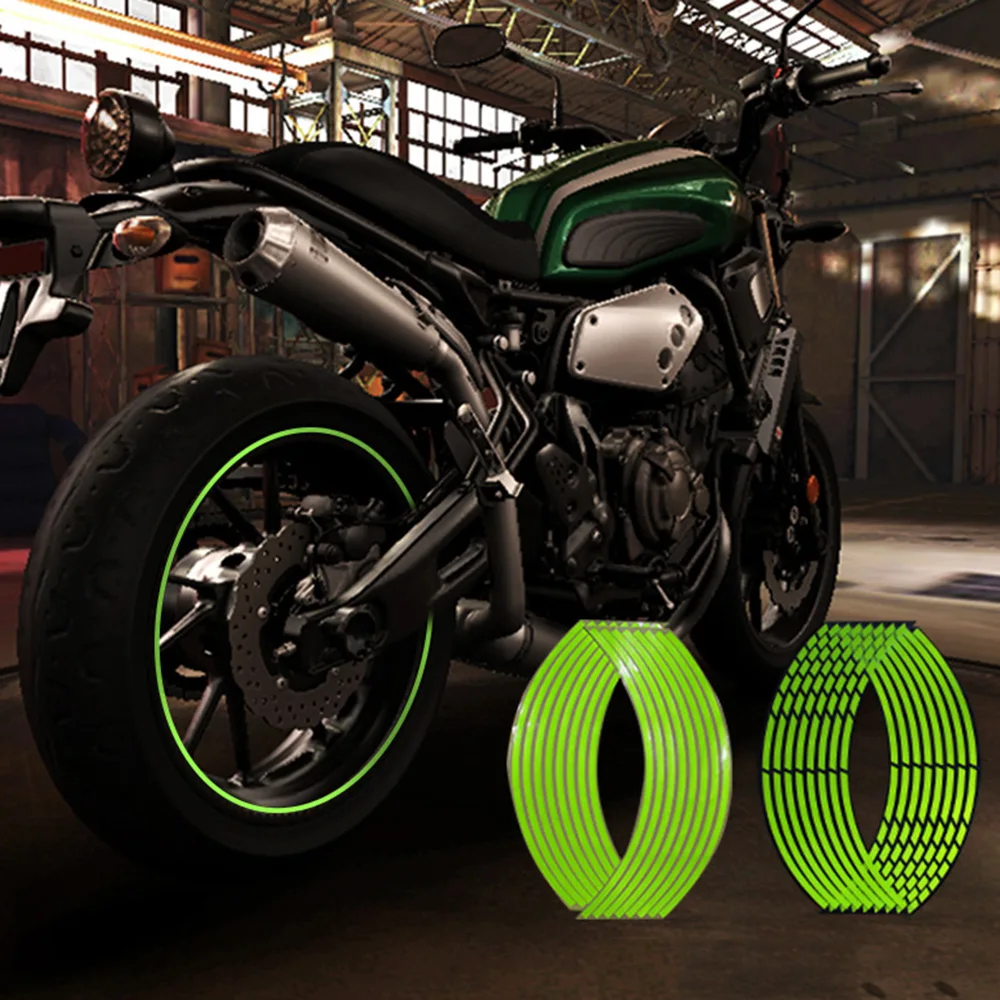 

10" 12" 14" 16" 18" Motorcycle Sticker Green Reflective Pegatinas Moto Strips Wheel Rim Adesivi For Honda Yamaha Suzuki Kawasaki