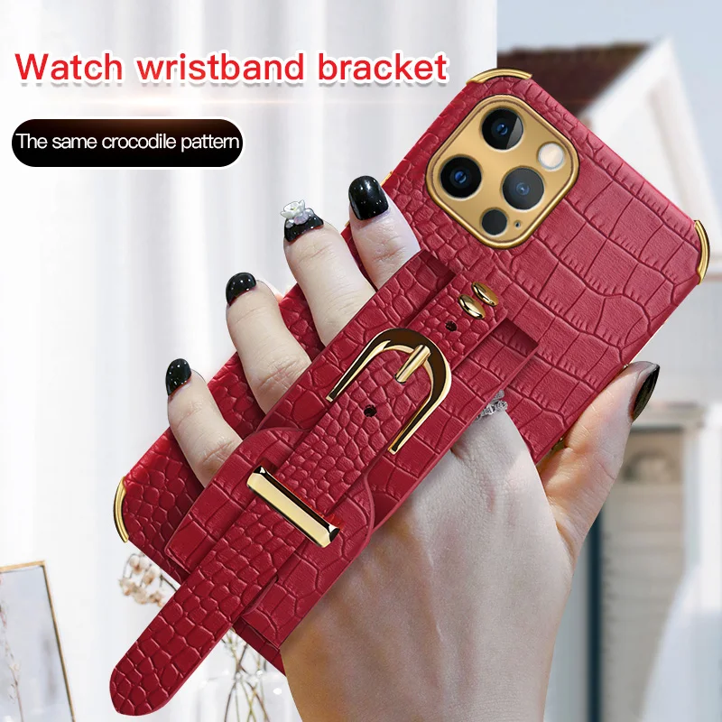 Wrist Strap Crocodile Leather Case For iPhone 16 15 14 13 12 Pro Mini Max X XS Max XR 11Pro 7 8 Plus SE Stand Holder Phone Cover