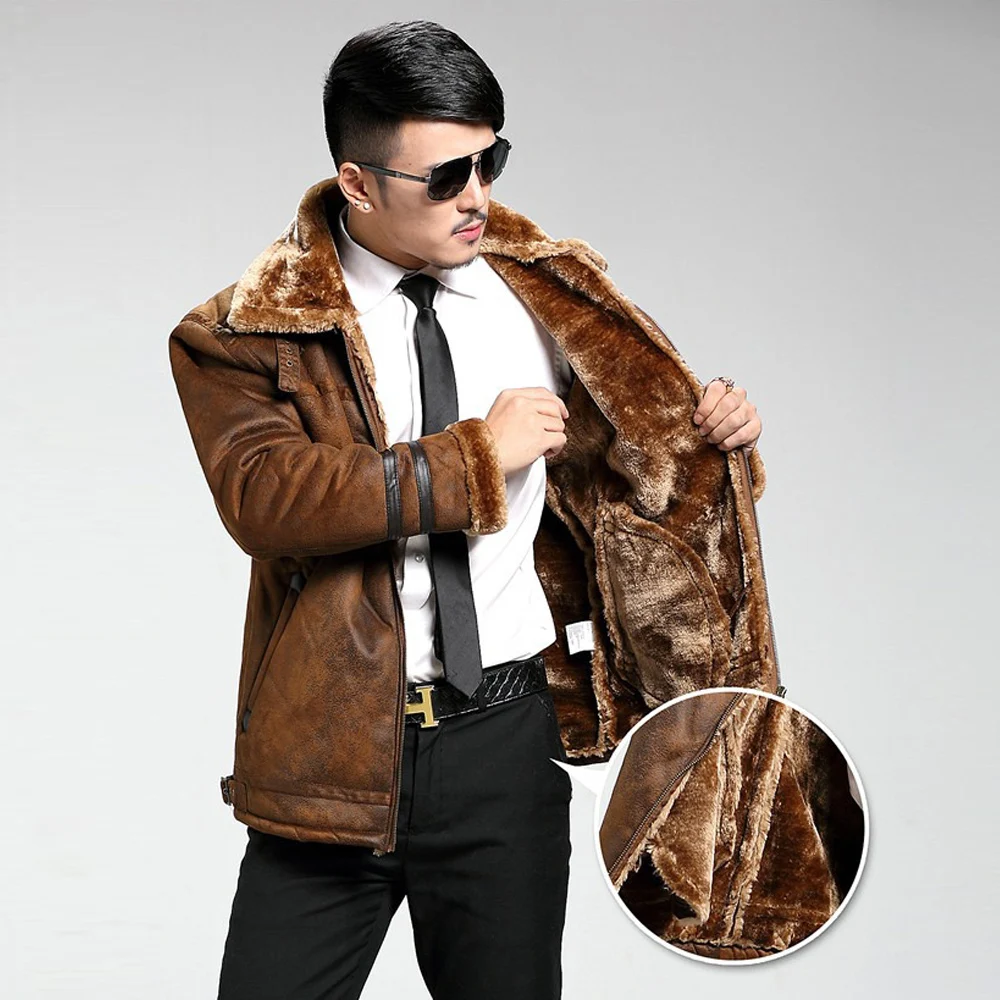 

Russian Winter Mens Velvet Fur Lined Coats Thick Warm Clothing Mans Fur Leather Jackets Bomber Men's Overcoat Wadded Jackets