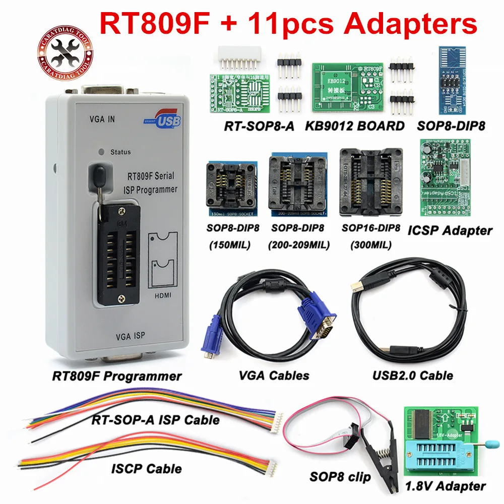 Original RT809F programmer +11 Adapters+ sop8 IC clip+1.8V / SOP8 Adapter VGA LCD ISP Programmer Adapter Universal Programmer