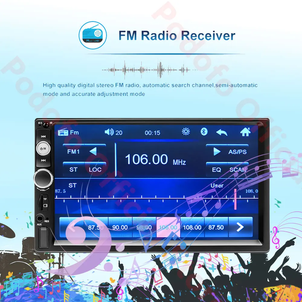 Podofo 2Din Android Car Radio Multimedia Player RAM 2G + ROM 32G GPS Navigation BT FM WiFi No dvd 2 DIN Radio For VW Nissan Kia