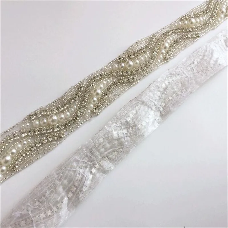 1yards Rhinestone Lace Trims Applique For Sewing Clothing Wedding Dress Accessories White Mesh Waistband Lace Decoration