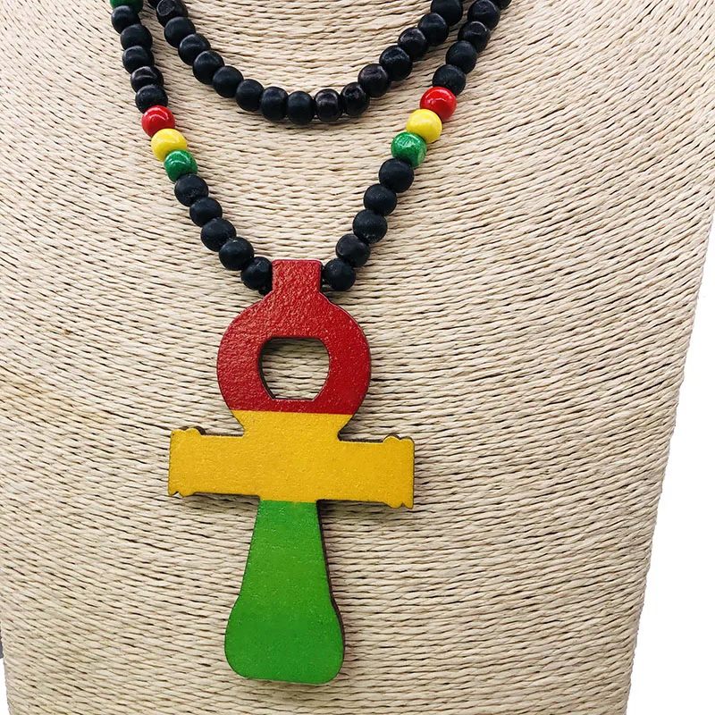 Hot Sale Africa Ankh Rasta Color Wooden Pendant Necklace For Men