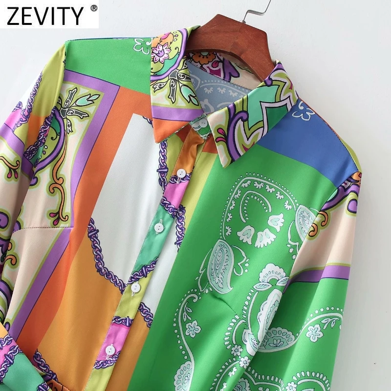 ZEVITY Women Fashion Cloth Patchwork Irregular Print Sashes Midi Shirt Dress Ladies Single Breasted A Line Kimono Vestido DS8791