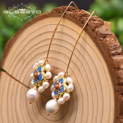 GLSEEVO Natural Baroque Pearl Earrings Woman Pendant Earrings Women'S Wedding Cloisonne Original Design Fashion Jewelry GE0979