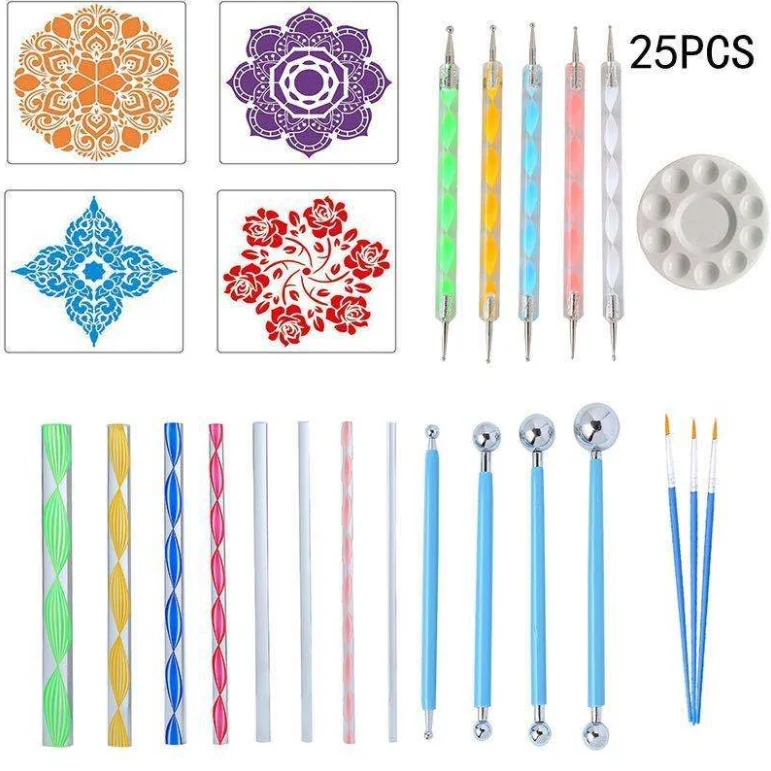 20/25pc Mandala Dotting Tools Set Pen Dotting Tools Mandala Stencil Ball Stylus Paint Tray for Painting Rocks, Coloring, Drawing