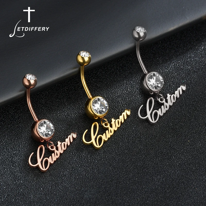 Letdiffery Custom White Stones Name Belly Button Rings Personalized Women Ring Stainless Steel Charming Body Piercing Jewelry