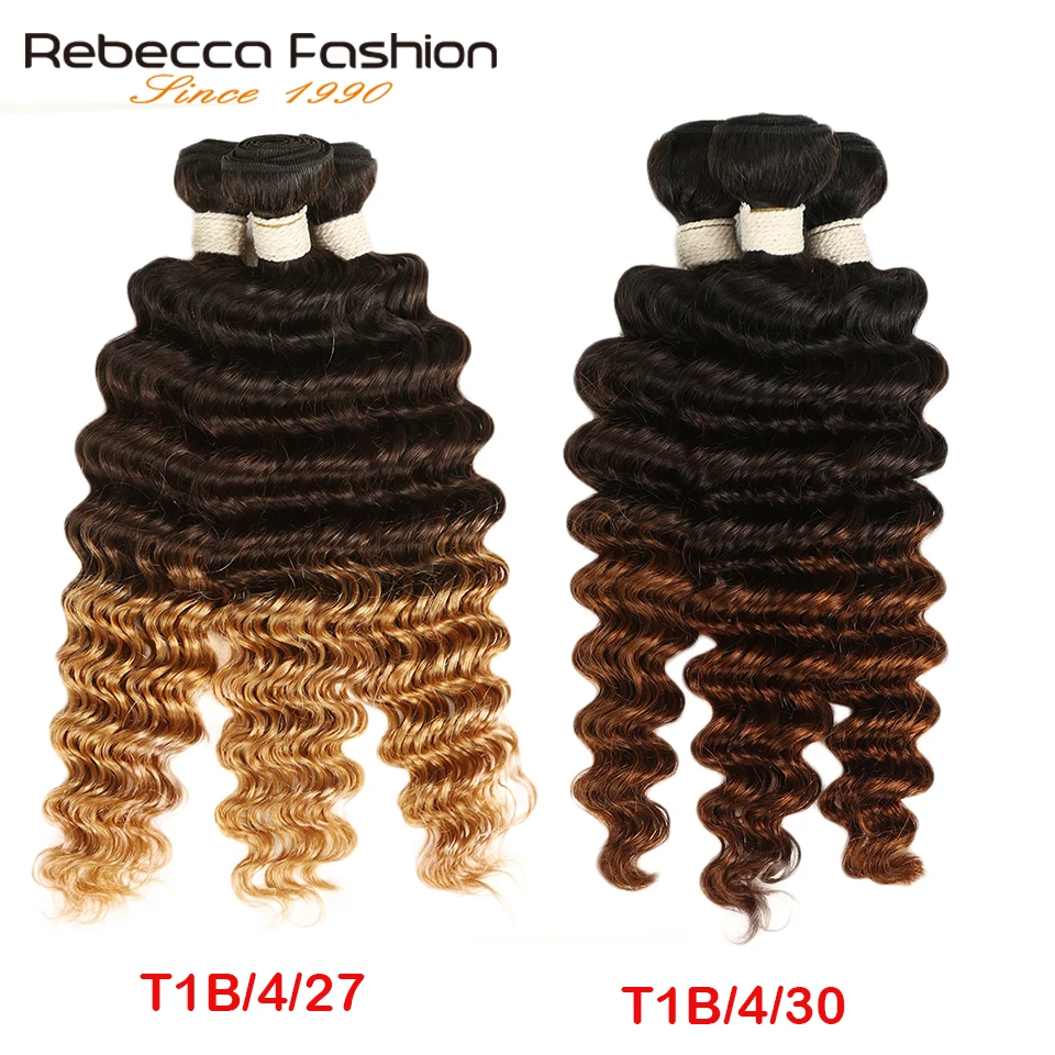 Rebecca 1/3/4 Pcs Ombre Three Tone Human Hair Bundles Remy Peruvian Deep Wave Bundles Deals Color 1B/4/27# 1B/4/30#