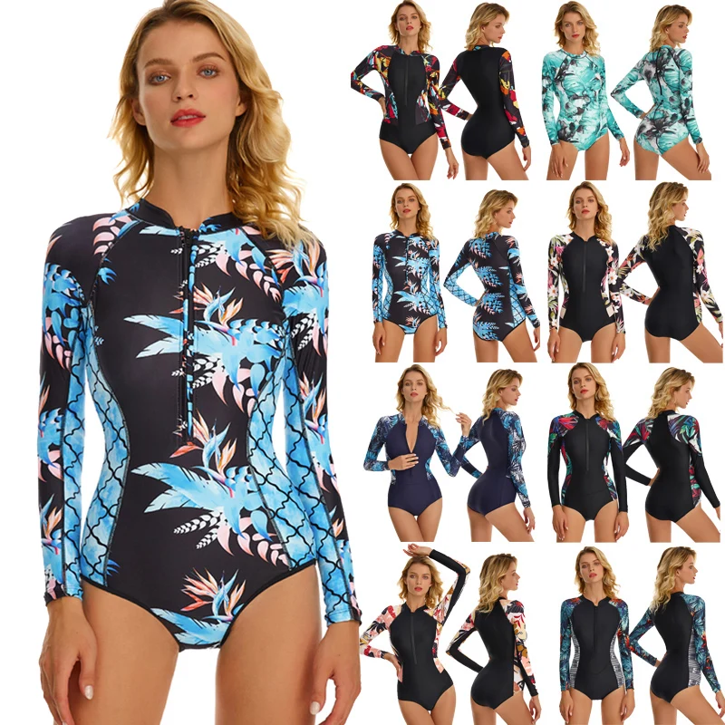 Green Leaf & Polka Dot Women Long Sleeve Swimsuit Surfing Rash Guard One Piece Hollow out Swimswear Zipper Rashguard jumpsuit