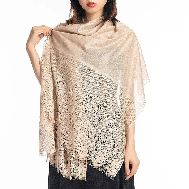 Fashion Solid Lace Hollow Printed Silk Scarf Female Summer Thin Long Mesh Tassel Wedding Evening Dress Cloak Sunscreen Shawl R16