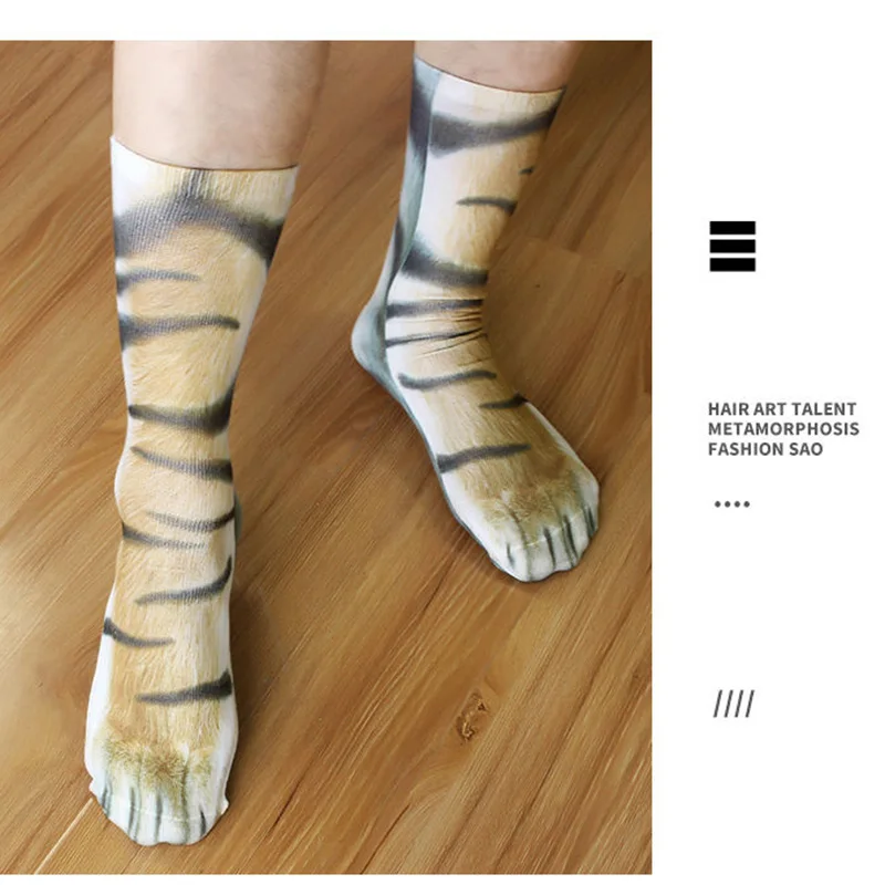 3 Pairs Animals Cat Socks Unisex 3D Printed Funny Tiger Leopard Paw Middle Tube Socks Fashion Happy Gift Combination Female