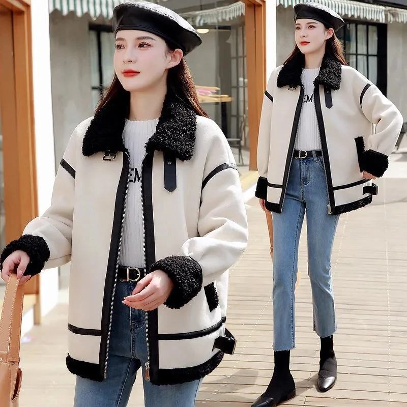 Lamb Wool Coat Women\'s Short Winter 2024 Loose Faux Fur Jacket All-Match Plus Velvet Thick Motorcycle Jacket Ladies Zipper Tops