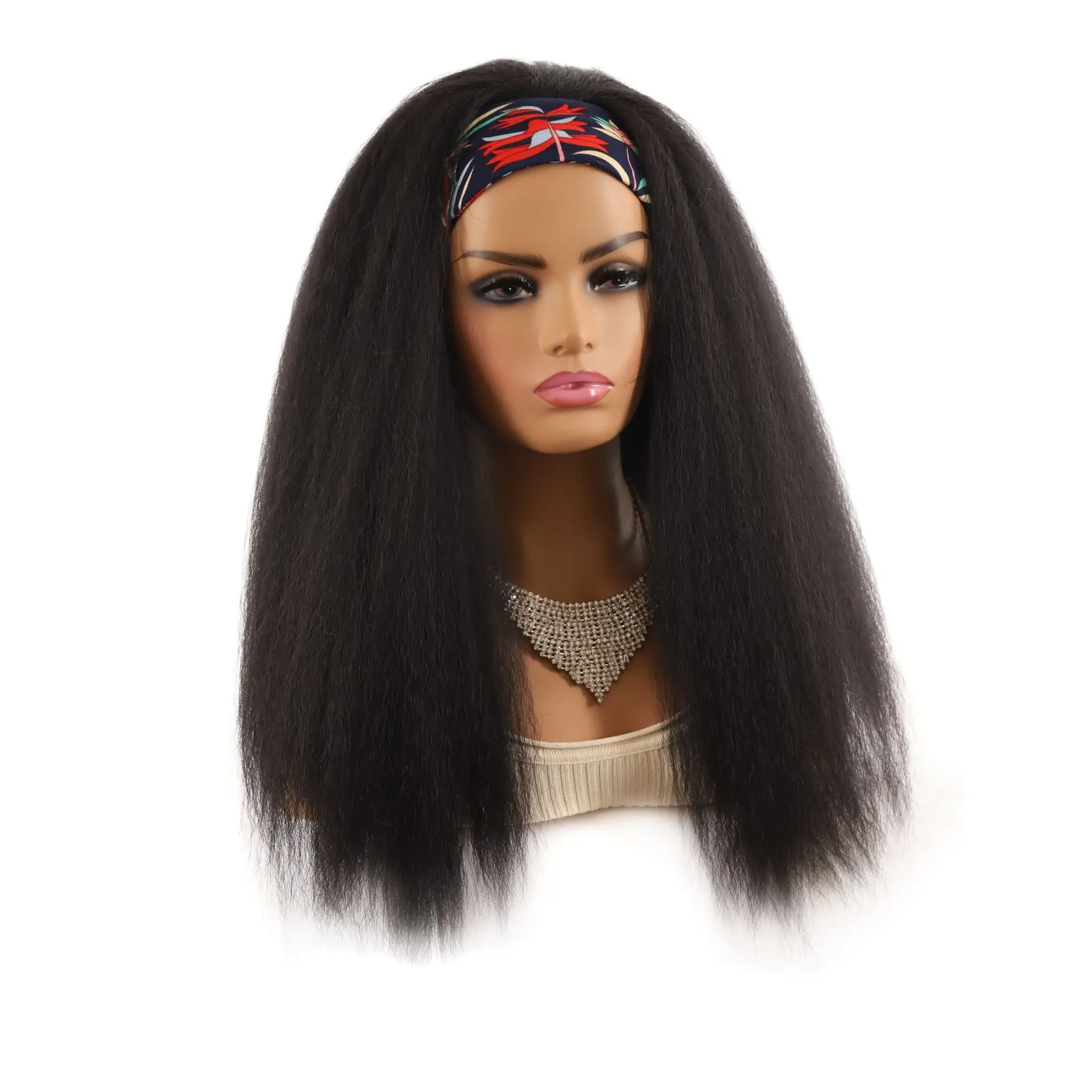 Long Synthetic Yaki Straight Headband Wigs Afro Kinky Curly Wig Cosplay Heat Resistant Hair Wigs With Headband For Black Women