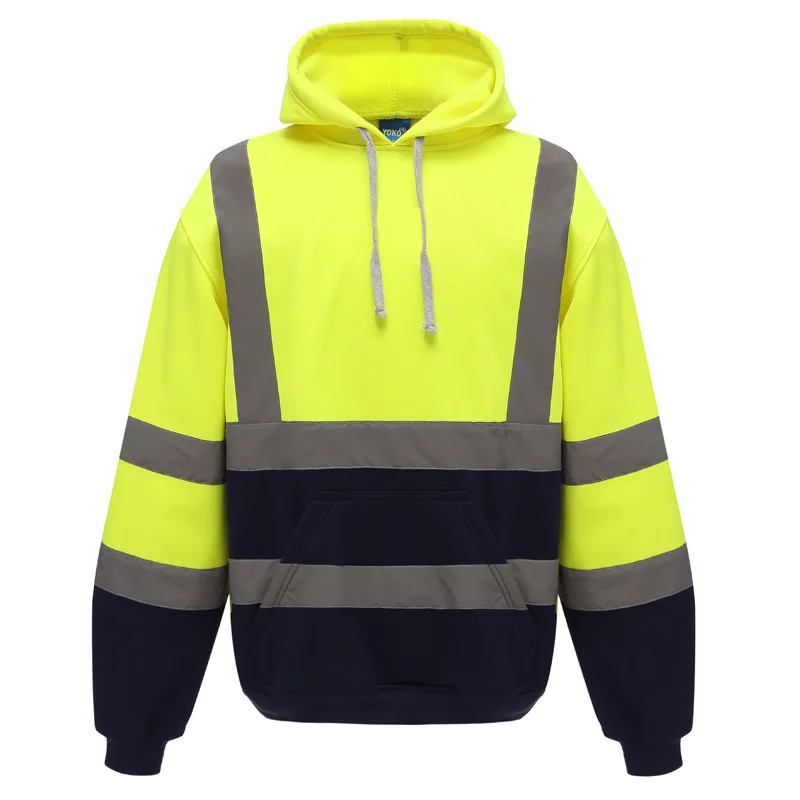 

Men Safety Fleece Hoody Jacket Reflective Pockets Neon Orange Black Bottom Lime Zipper Construction Workers Sweatshirts Hoodies