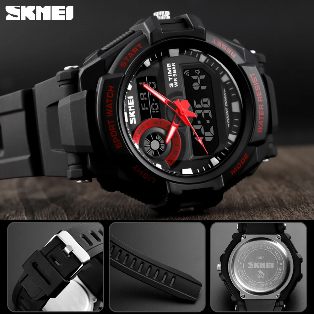 SKMEI Luxury Men Quartz Watch Military Chrono Sport Digital Wristwatch Outdoor Waterproof 3 Time Clock Male Relogio Masculino