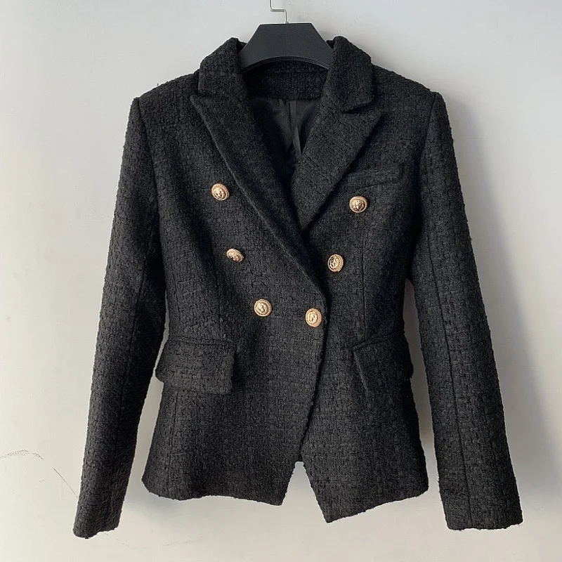 Quality High Women Office Work Clothes Slim Fit Weaving Tweed Blazer Double Breasted Business Lapel Black Feamle Jacket Coats