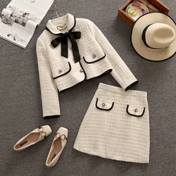 Winter Vintage Tweed Two Piece Set Women Bowknot Single-breasted Crop Top Woolen Short Jacket Coat + Mini Skirts 2 Piece Sets