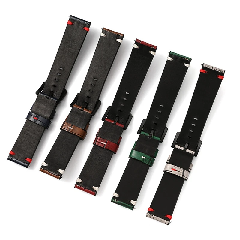 Vintage Calfskin Genuine Leather Watchband 20mm 22mm Hand-stitched Strap Bamboo Pattern Quick Release for Watch Accessories