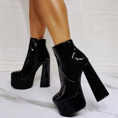 Winter black patent leather 15 cm thick high heel women's short ankle boots sexy high quality ladies fashion motorcycle botas