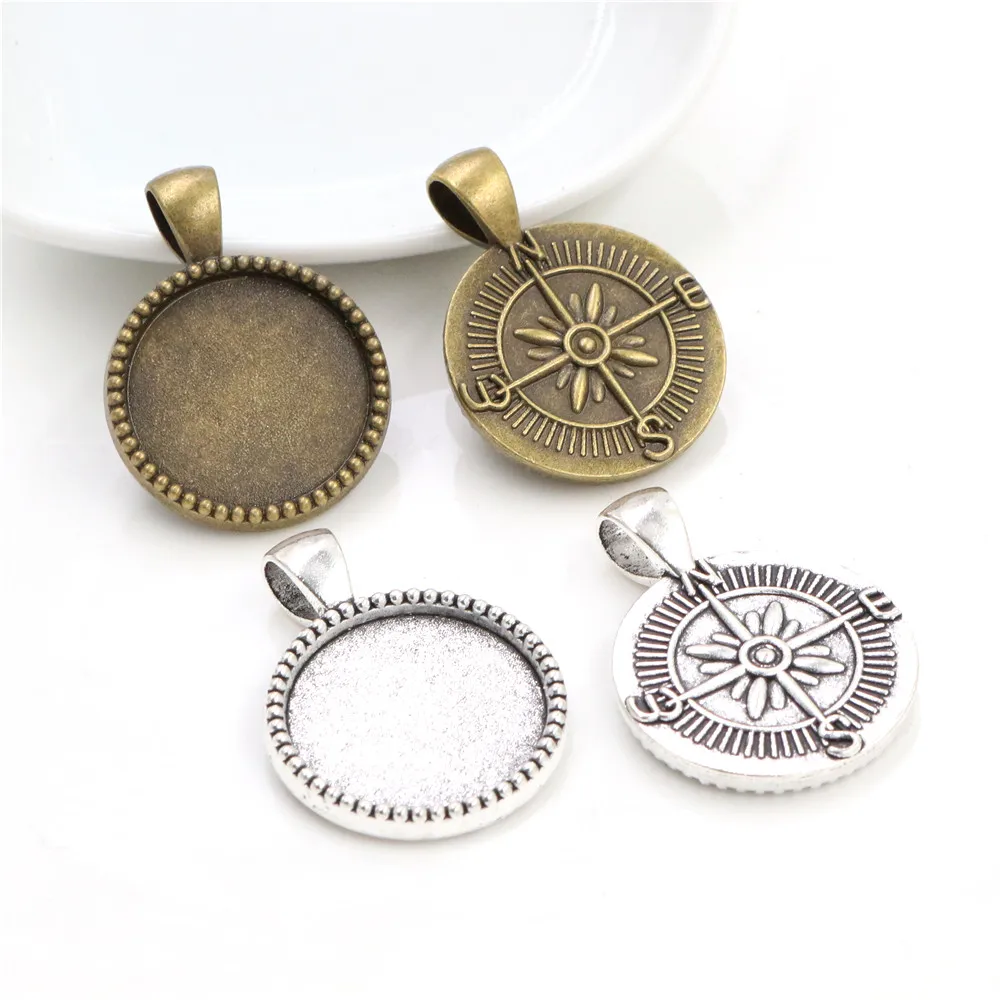 

10pcs 20mm Inner Size Antique Silver Plated And Bronze compass Style Cabochon Base Setting Charms Pendant