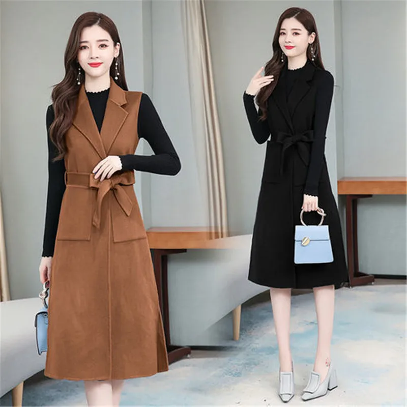 2023 New Madam Woolen Vest Mid-Length Spring Autumn None Sleeve Ladies Jacket Belt Slim Loose Fashion Women Waistcoat