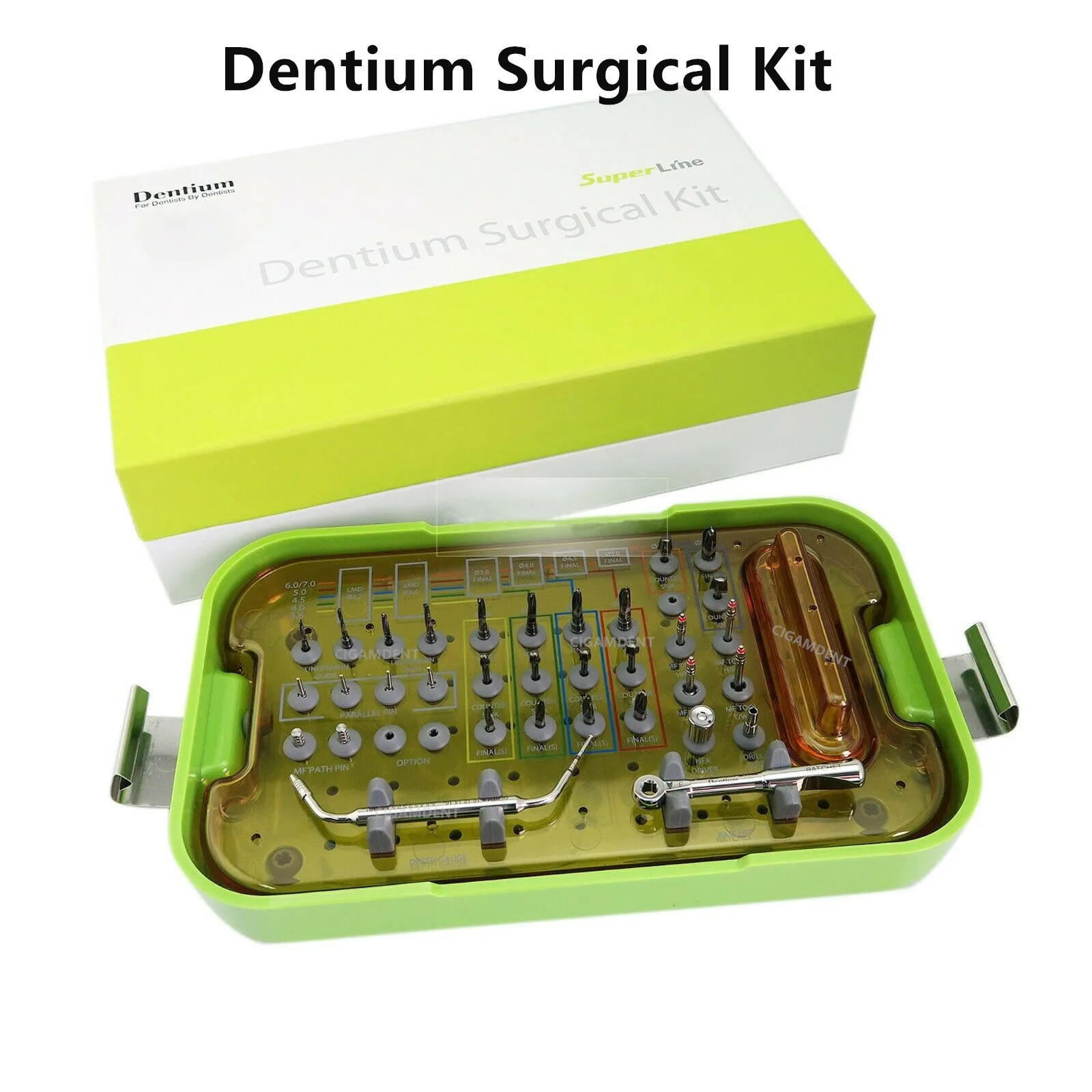 Dentium Surgical Kit SuperLine Dental Implant Pilot Drills Burs Depth Gauge Parallel Pins Torque Wrench Screwdriver Hex Driver