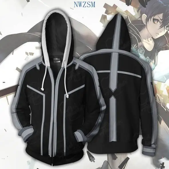 SAO Sword Art Online Kirito Asuna Cosplay Costume Zip Up 3D Hoodies Long Sleeve Men Anime Hoodie Oversized Hooded Sweatshirt