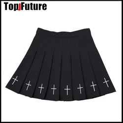 high waist black white Lolita Skirts Gothic Streetwear Cross Print Pleated Women Skirts Casual College Lolita Harajuku Skirt